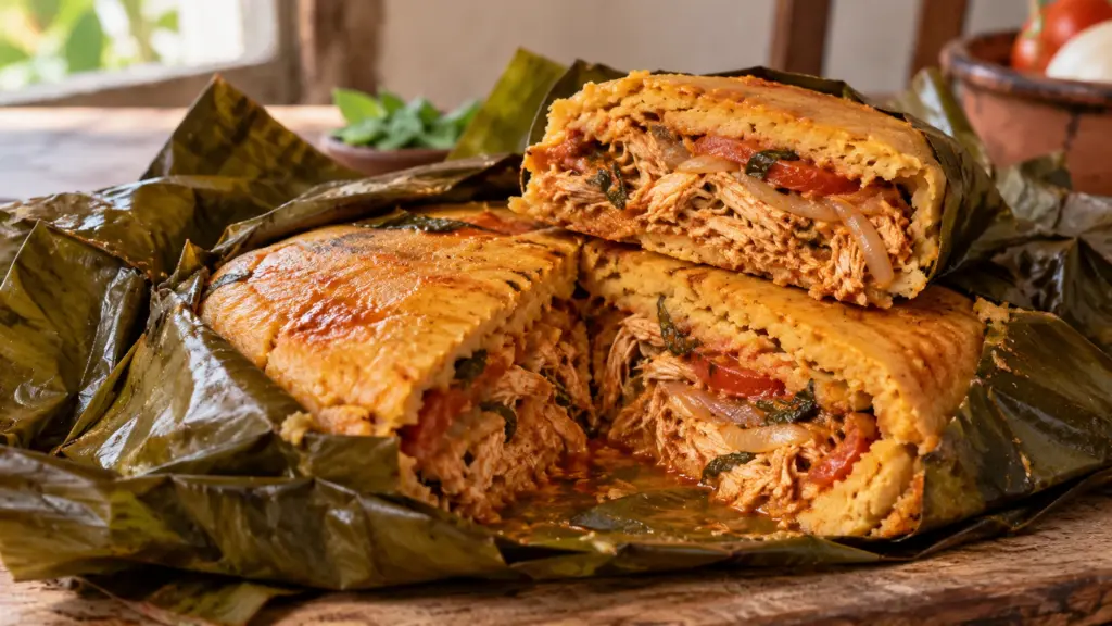 Golden banana-leaf-wrapped Yucatán chicken tamale pie