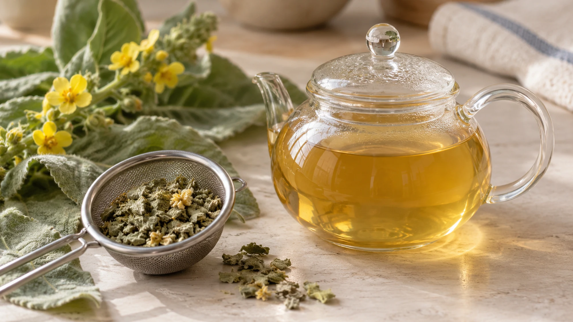 Glass teapot of mullein infusion beside a mesh infuser with dried leaves