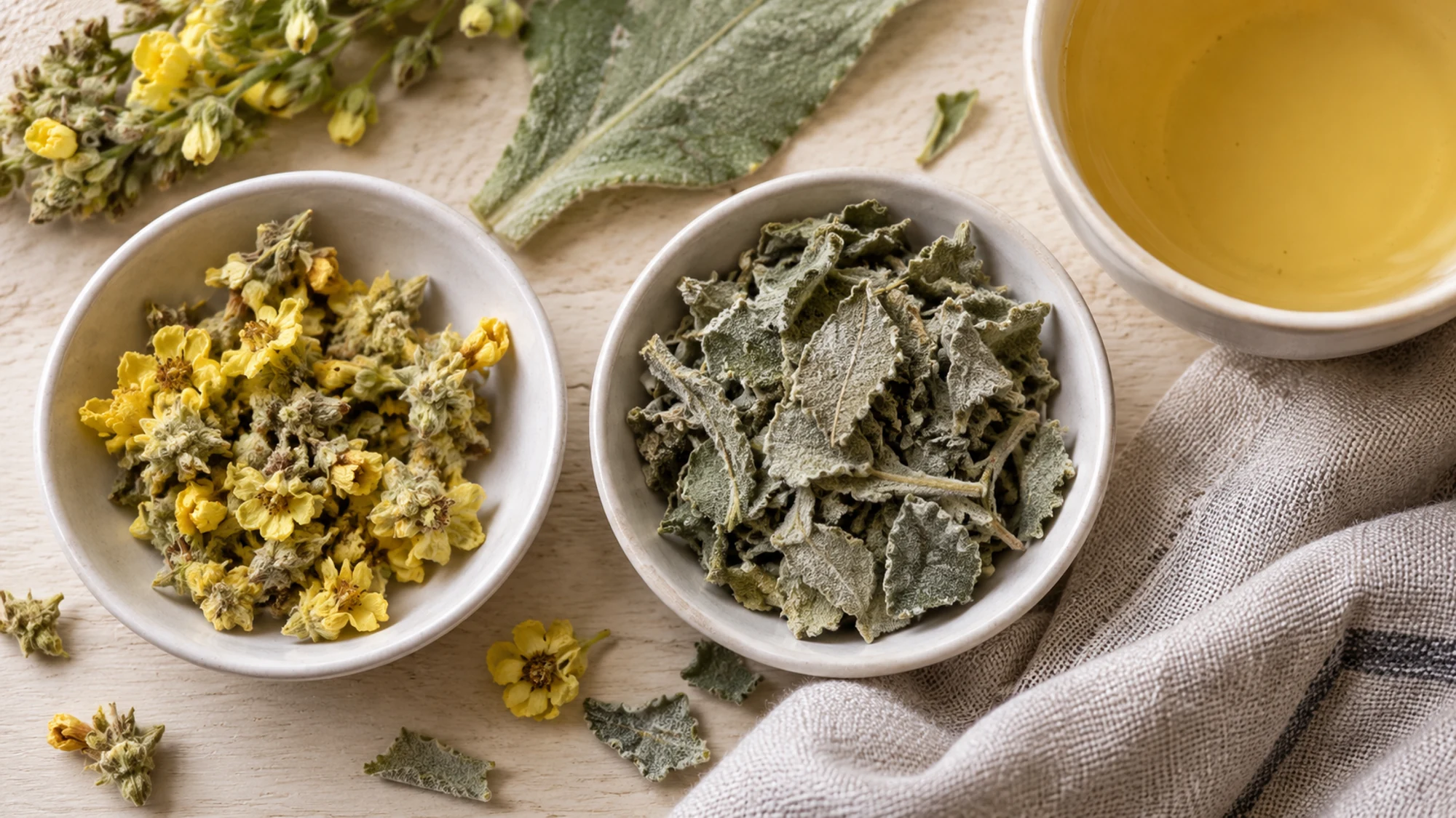 Separate bowls of dried mullein flowers and leaf pieces beside tea
