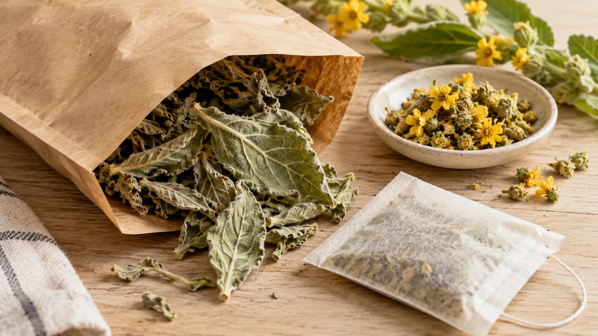 Unprinted pouch, dried mullein leaves, flowers and a paper tea bag