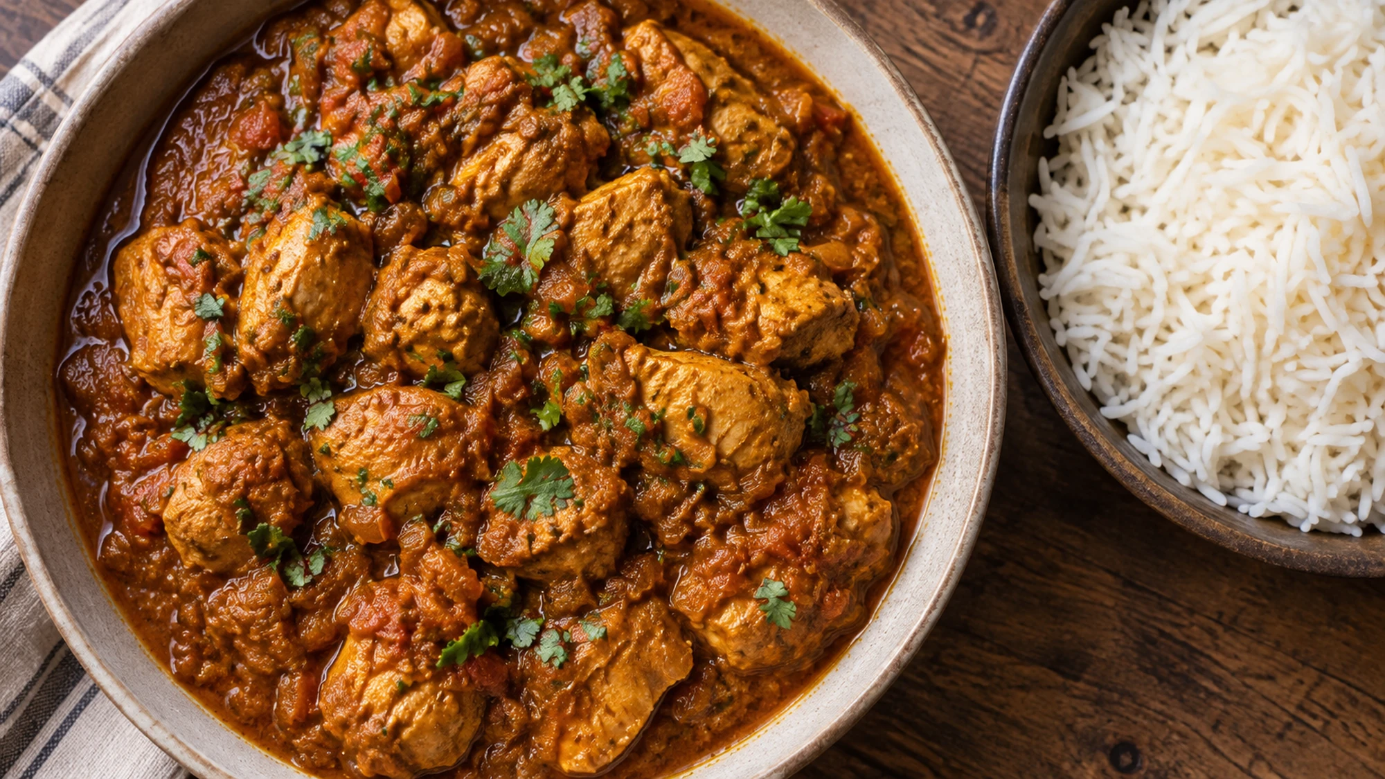 Overhead view of home-style murgh curry with chicken in onion-tomato sauce beside plain rice.