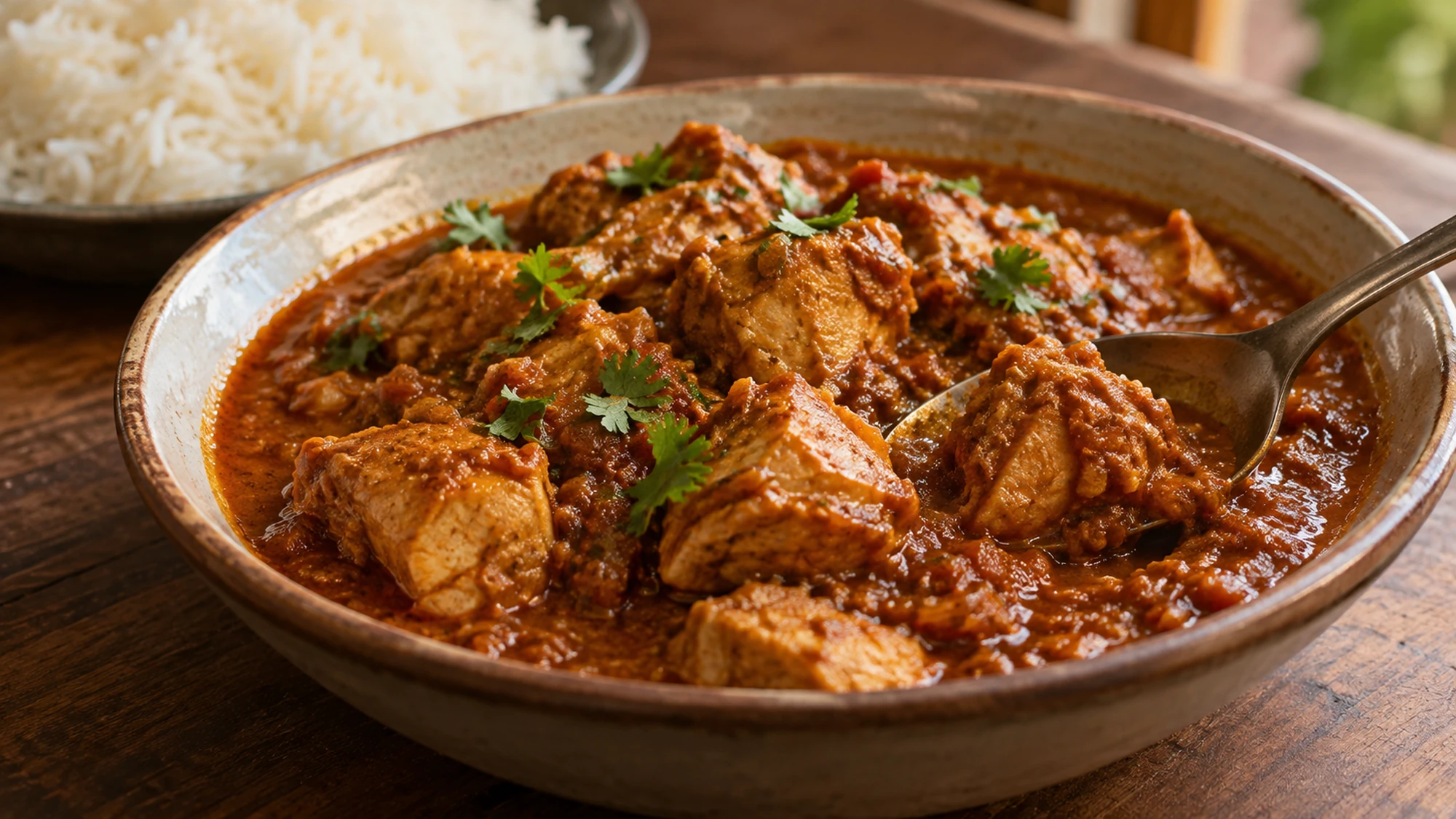 Close view of a spoon dipping into murgh curry with sauce-coated chicken and cilantro.