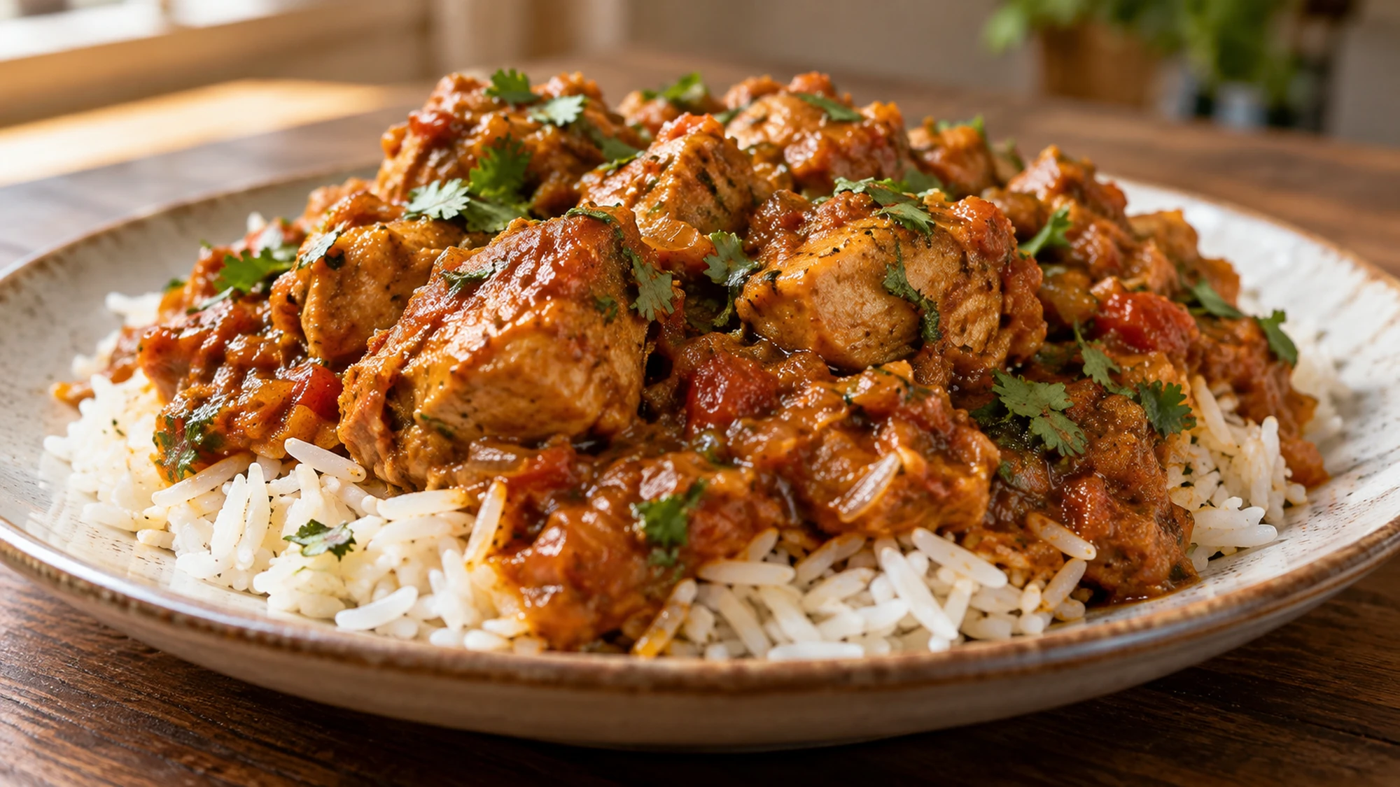 Home-style murgh curry spooned over rice with cilantro and a rich tomato-onion sauce.