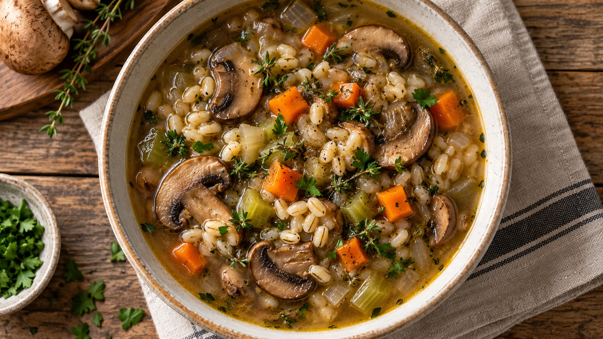 Overhead bowl of brothy mushroom barley soup with cremini slices, carrots, celery and distinct barley grains.