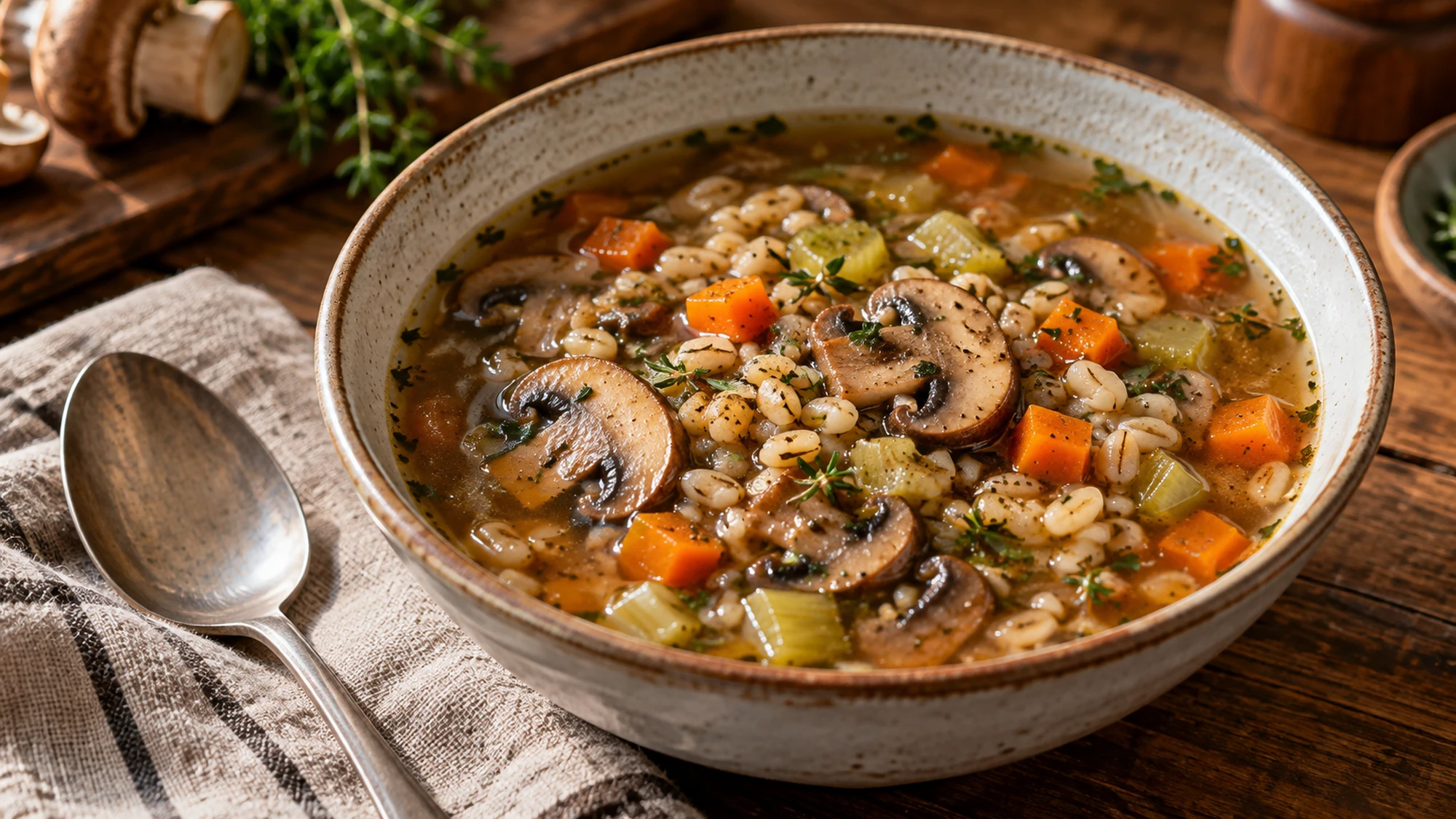 Close side view of mushroom barley soup in a ceramic bowl, showing sliced mushrooms and chewy grains.
