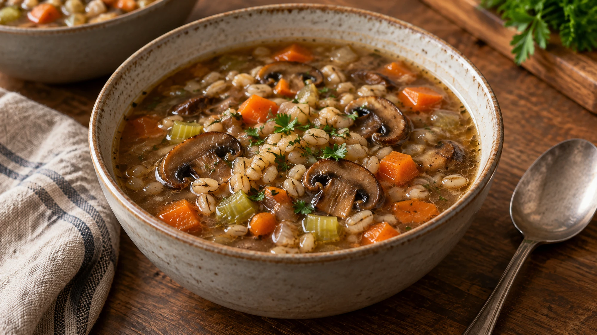 Finished mushroom barley soup with parsley in a deep bowl beside a spoon.
