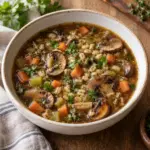 Square recipe card photo of mushroom barley soup