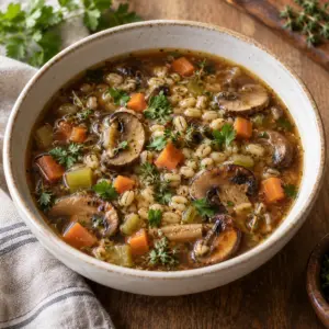 Square recipe card photo of mushroom barley soup