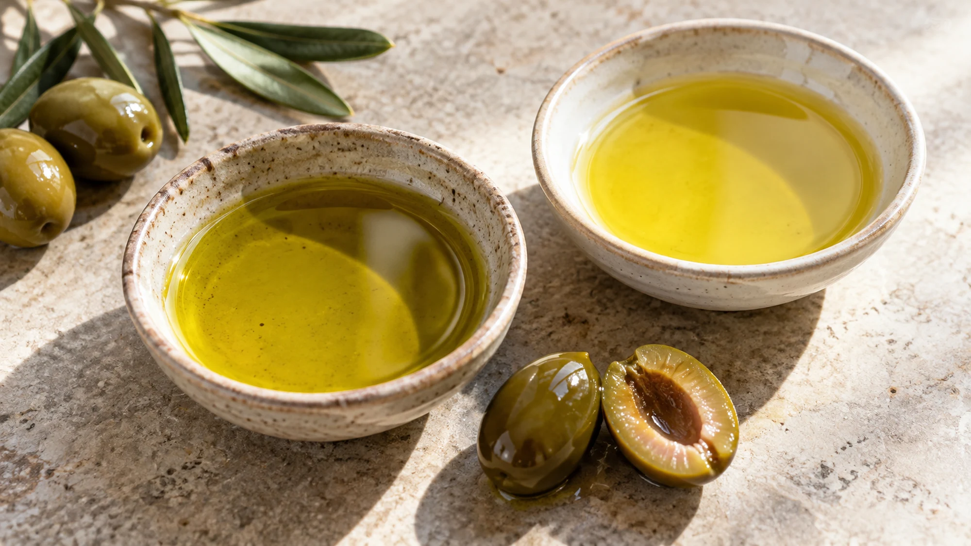 Two tasting dishes for an olive oil and extra virgin comparison, with a halved olive.