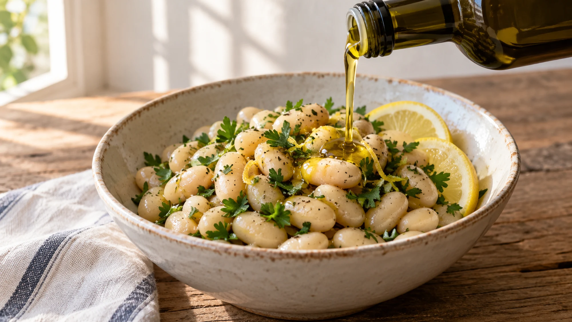 Olive oil poured over white beans with parsley and lemon.