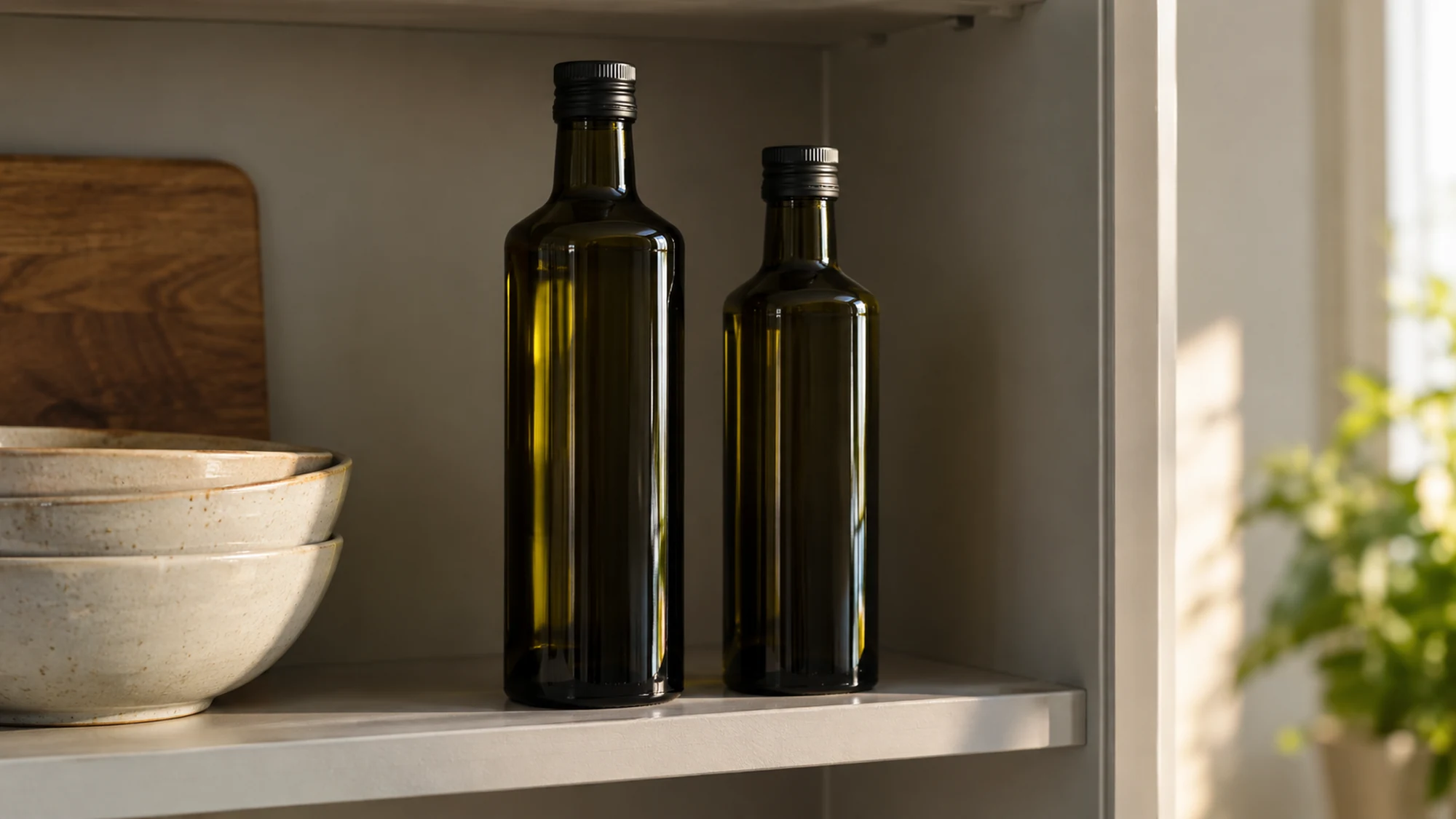 Closed dark olive oil bottles stored on a shaded shelf.
