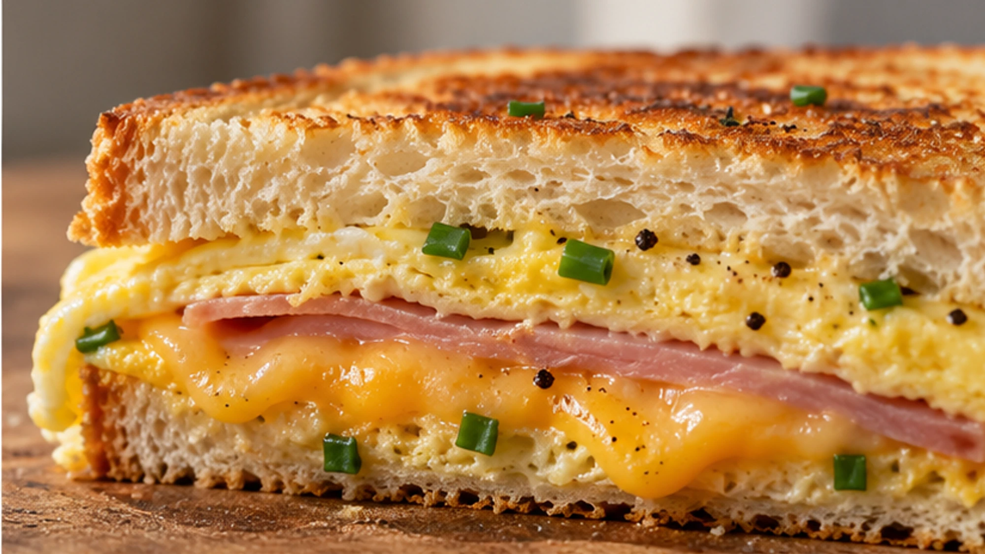 Eggs whisked with milk and seasoning beside bread, cheddar, and cooked ham.