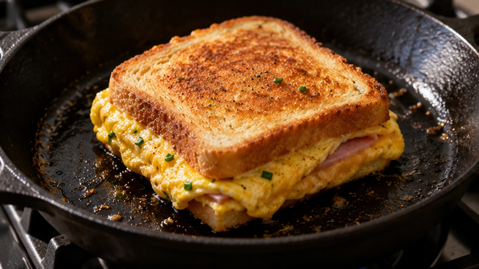 The egg-and-bread layer flipped in one skillet before adding cheddar and ham.