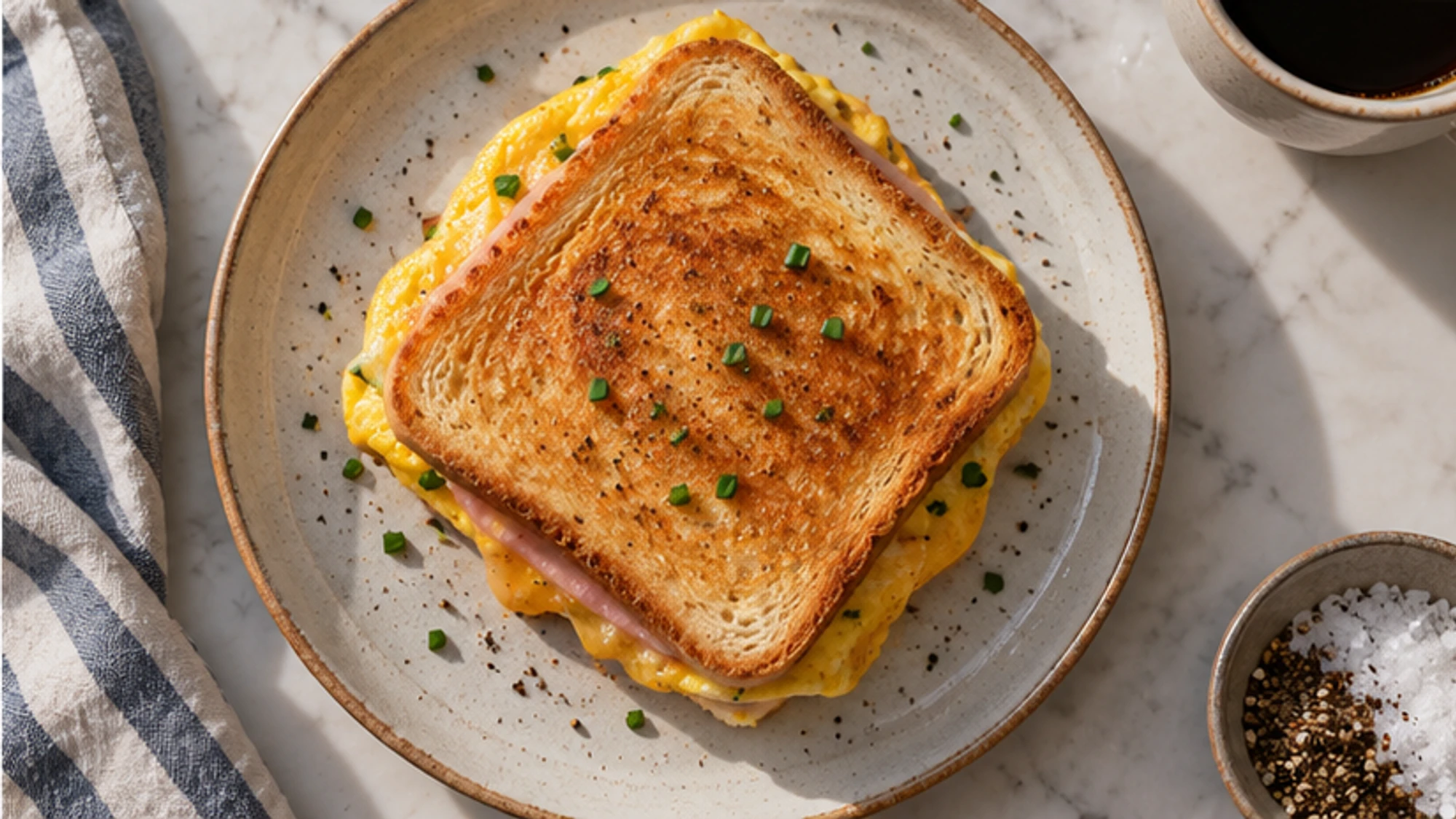 Golden one-pan egg sandwich cut open to show cheddar, egg, and cooked ham.