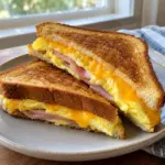 One-pan egg sandwich with golden toasted bread, folded egg, melted cheddar, and ham.