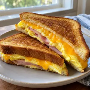 One-pan egg sandwich with golden toasted bread, folded egg, melted cheddar, and ham.