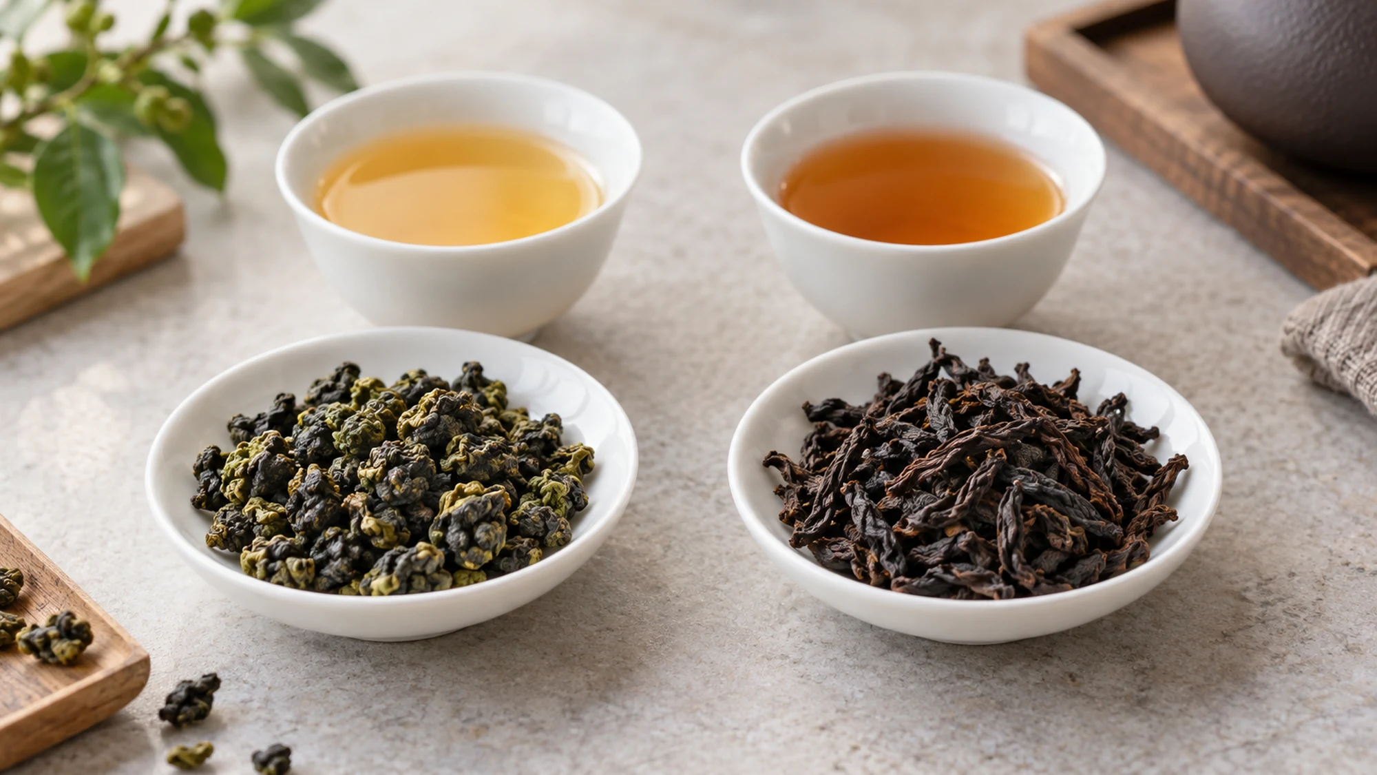 Green rolled oolong and darker roasted leaves with two brewed cups