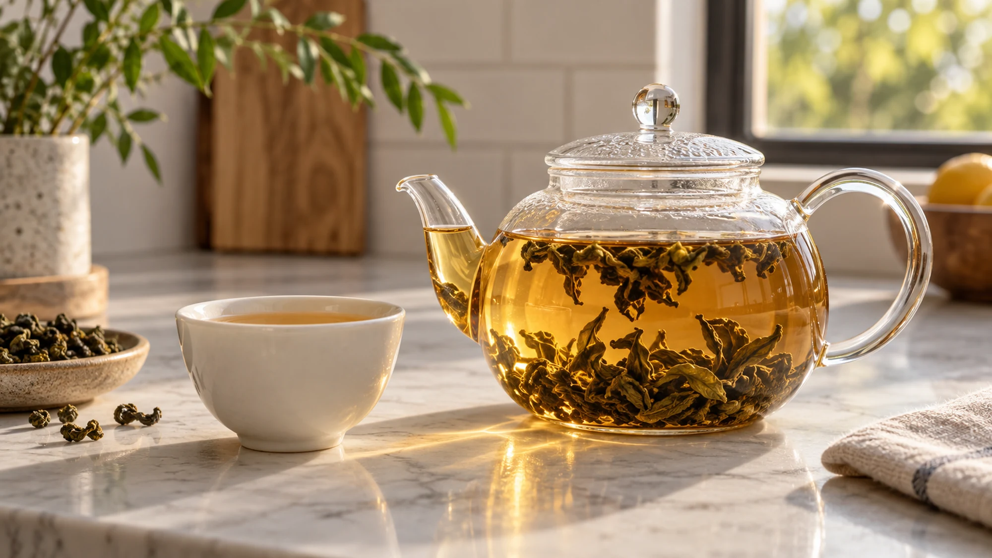 Unfurled oolong leaves steeping in a glass teapot beside a white cup