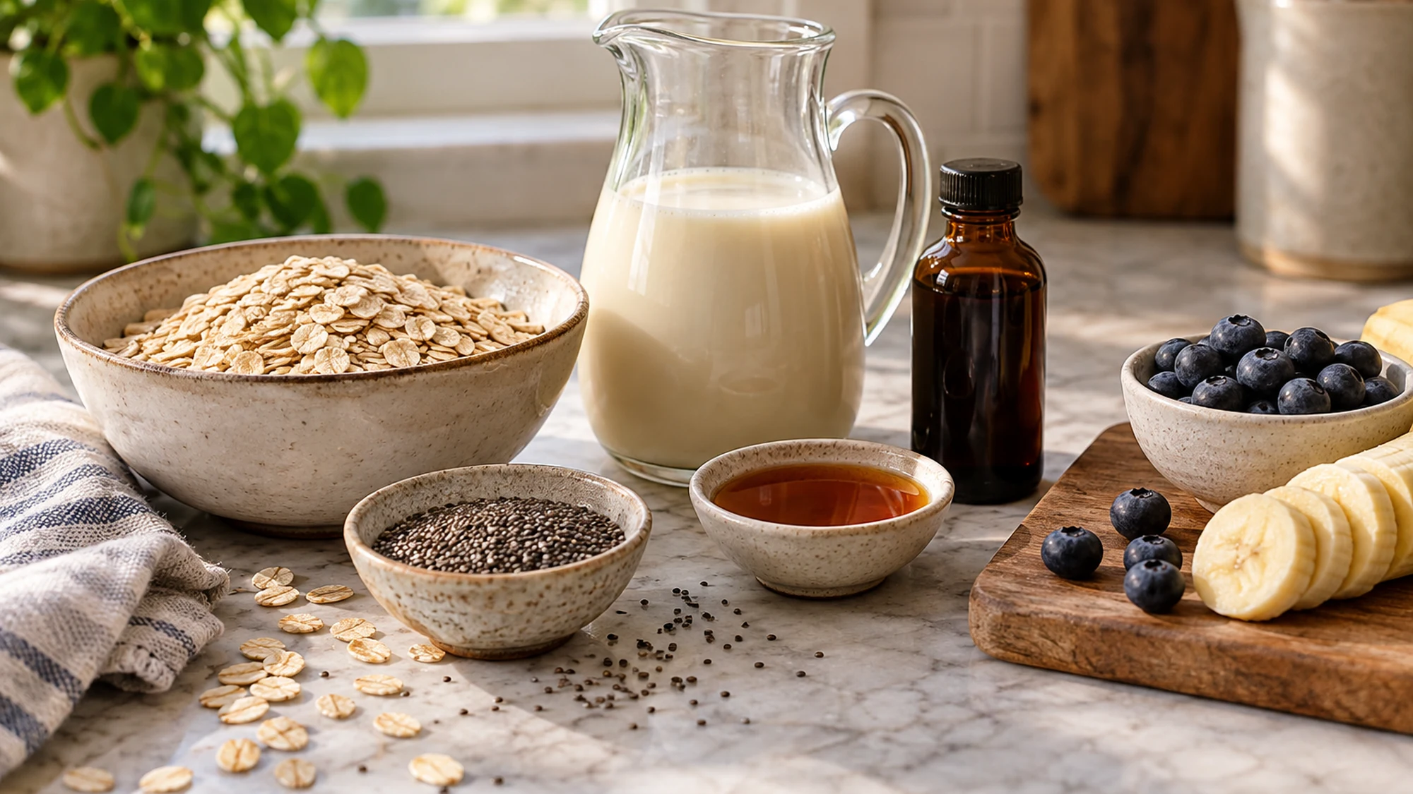 Rolled oats, chia seeds, soy milk, maple syrup and vanilla for two jars.
