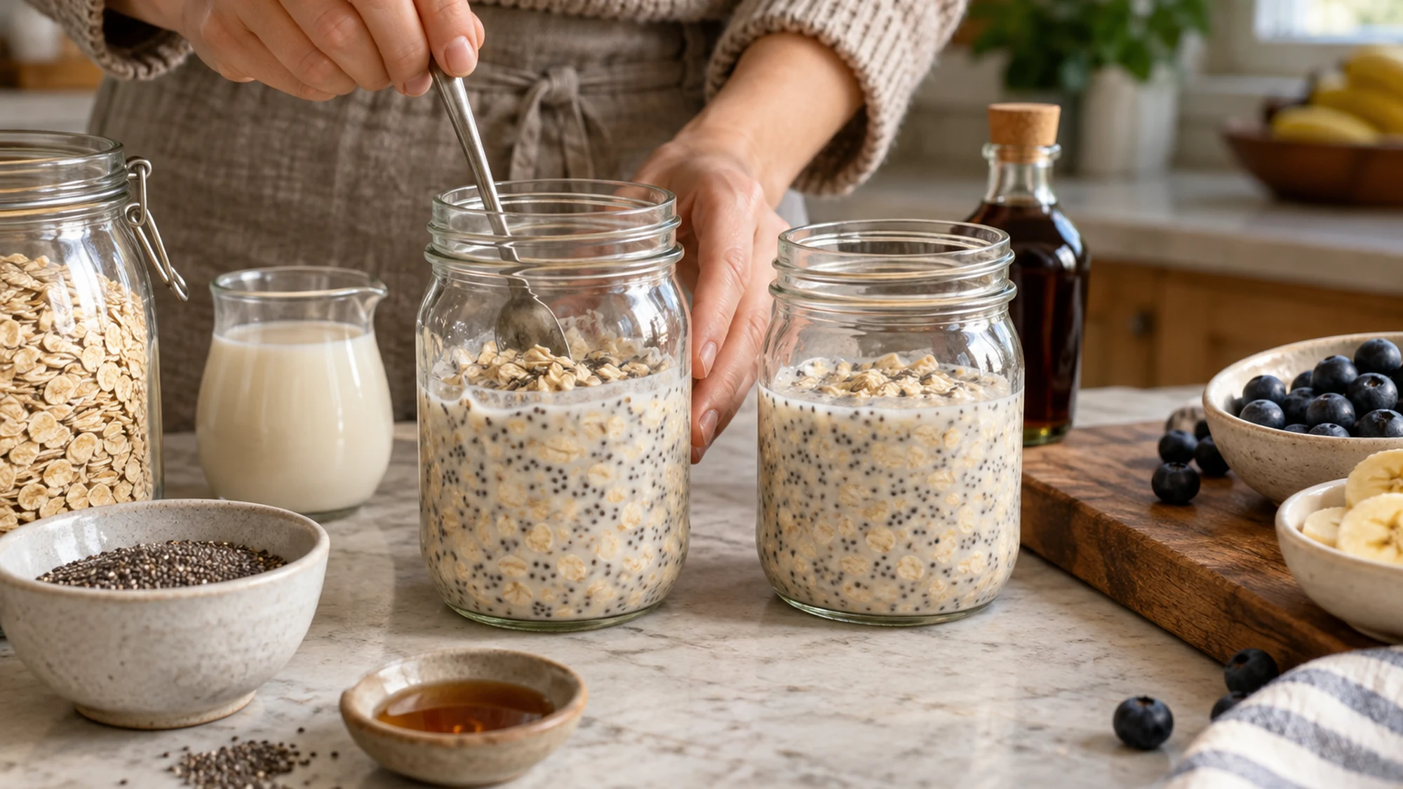 Two jars of oats and chia being stirred with soy milk.