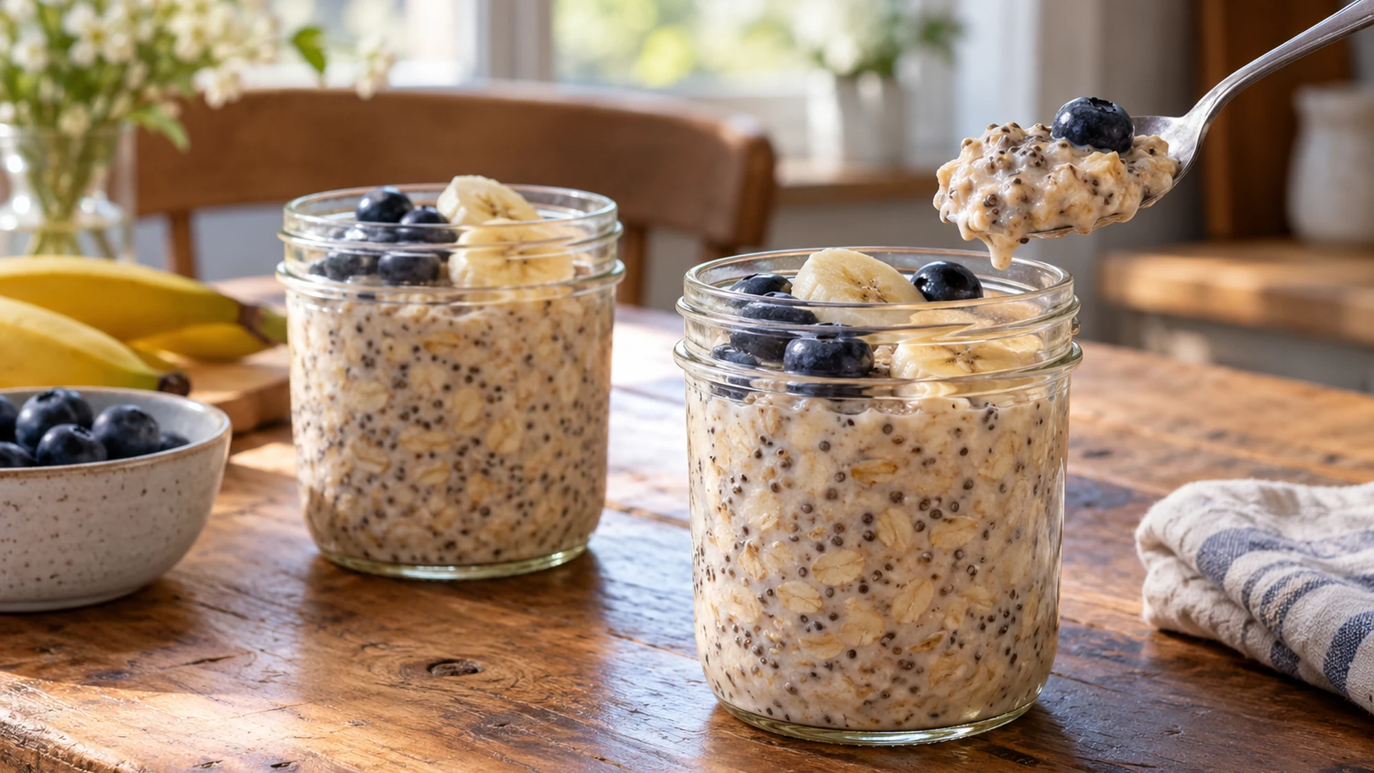 Two jars of chilled overnight oats with blueberry and banana topping.