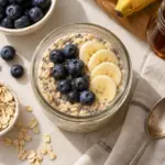 Square overhead photo of overnight oats with blueberries and banana