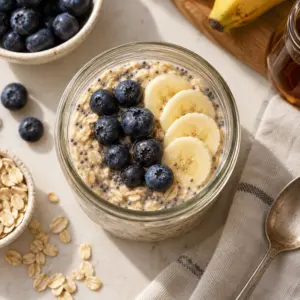 Square overhead photo of overnight oats with blueberries and banana