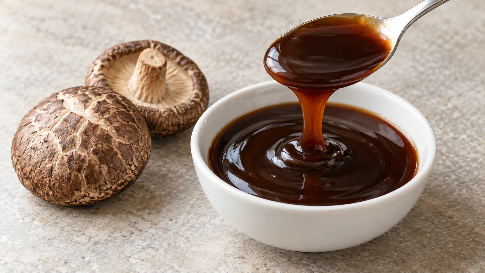 Smooth mushroom oyster-style sauce on a spoon beside shiitake mushrooms
