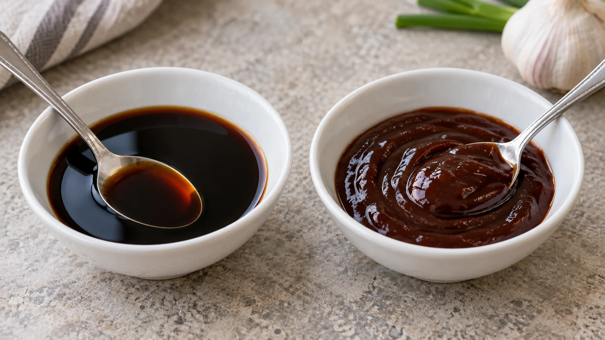 Thin soy sauce and thick hoisin sauce in matching bowls