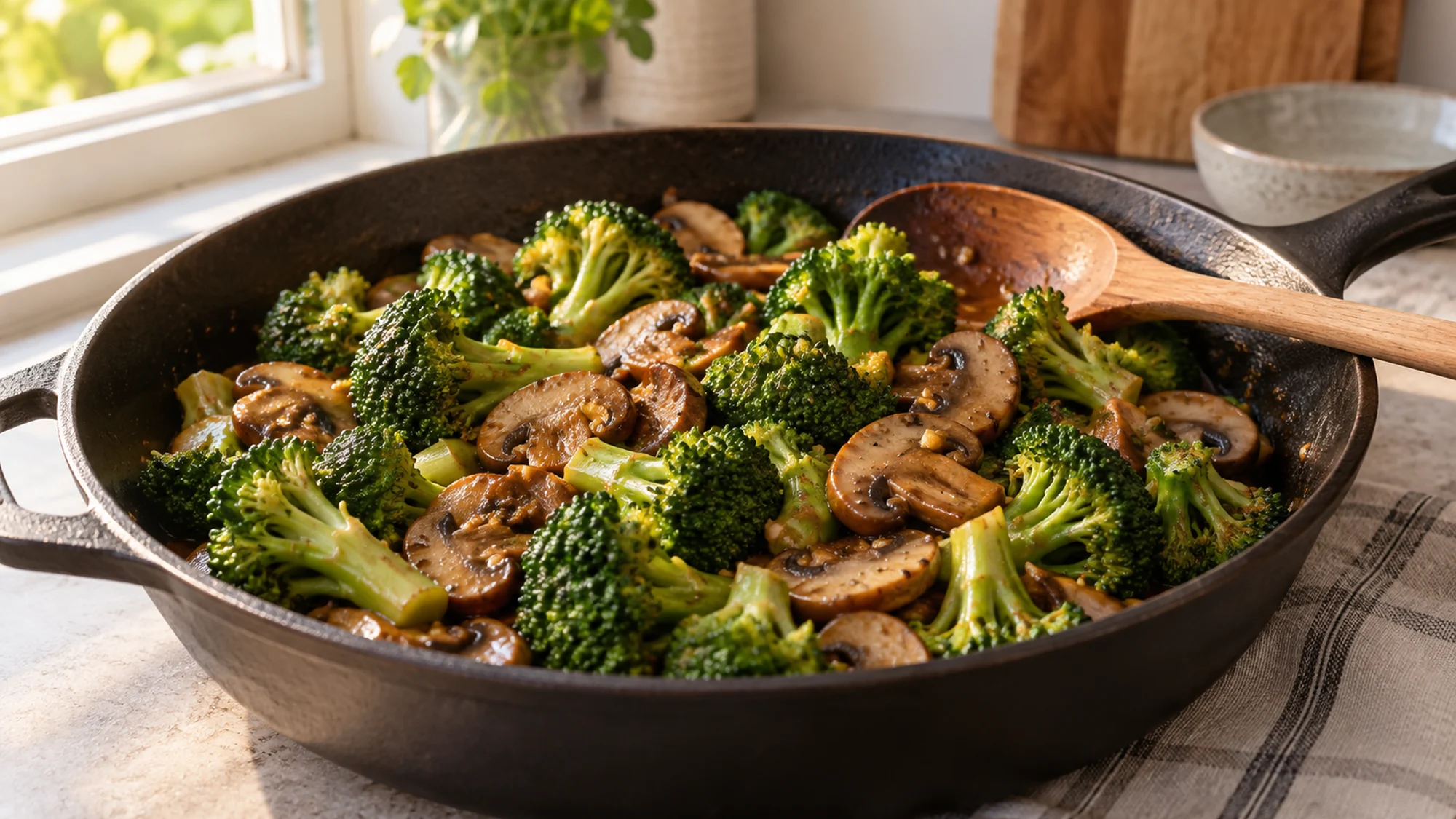 Broccoli and mushrooms lightly coated in a brown stir-fry sauce