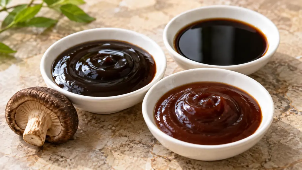 Mushroom oyster-style sauce, hoisin and soy sauce in three white dishes