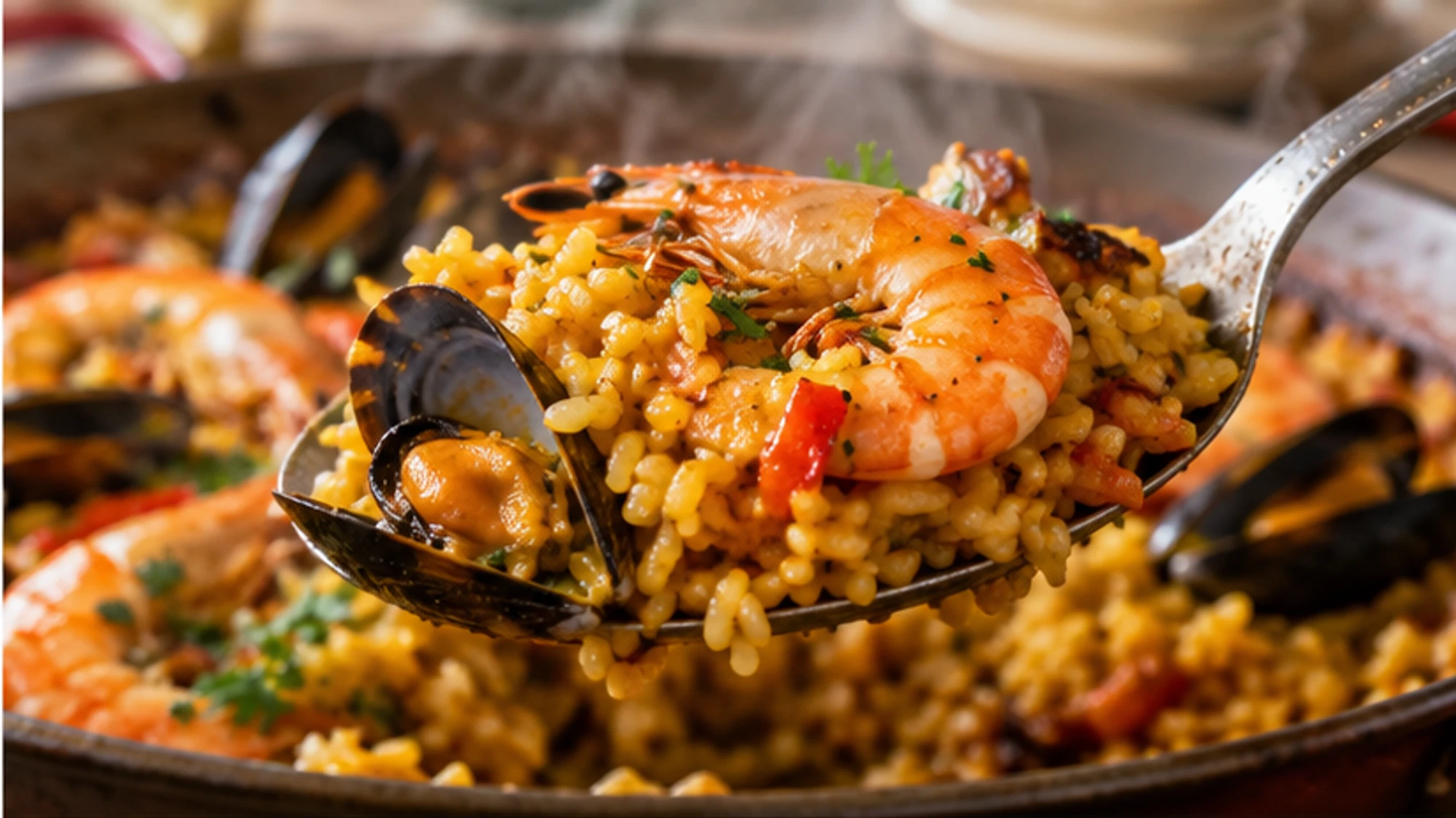 Saffron threads blooming in warm seafood stock beside short-grain paella rice.
