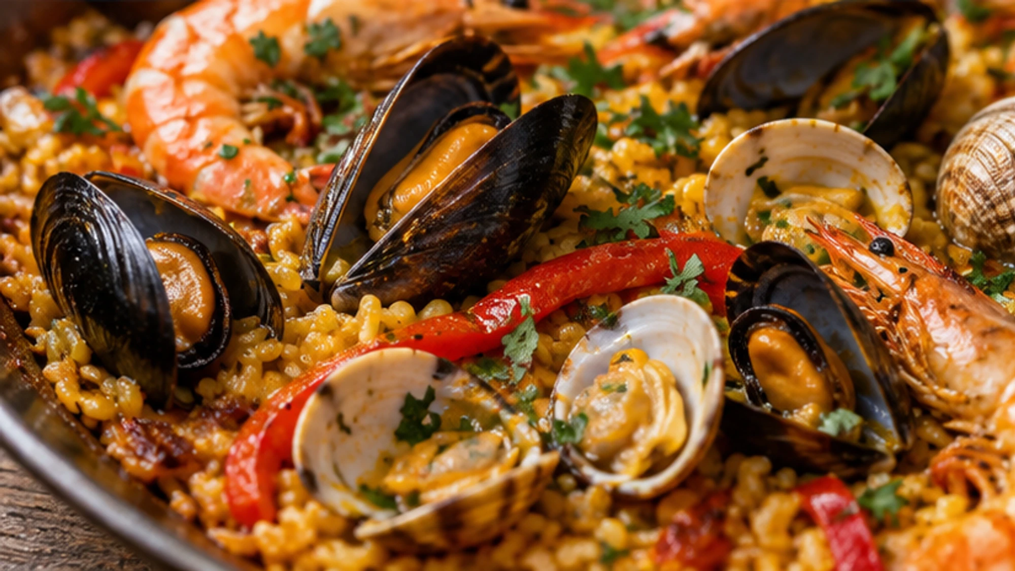 Shrimp, mussels, and clams arranged over saffron rice as seafood paella cooks.