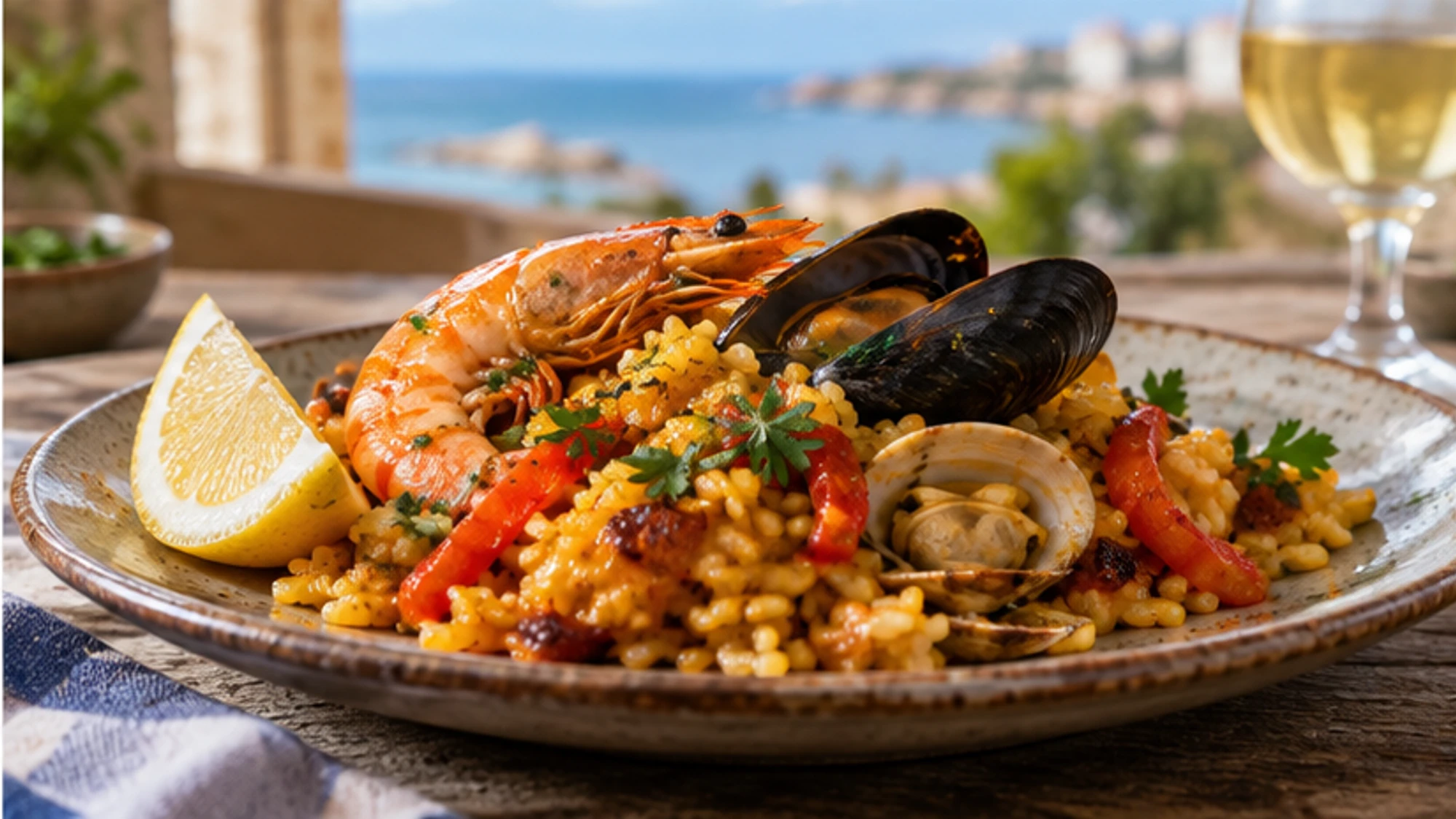Finished seafood paella with saffron rice, shrimp, opened shellfish, parsley, and lemon.