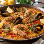 Seafood paella served in a shallow pan with saffron rice, shrimp, mussels, clams, and lemon.