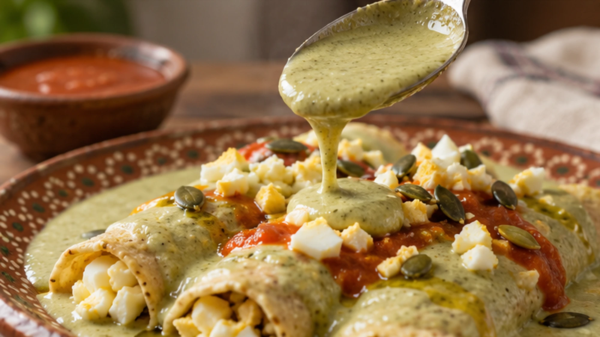 Corn tortillas filled with chopped hard-boiled egg and arranged for papadzules.