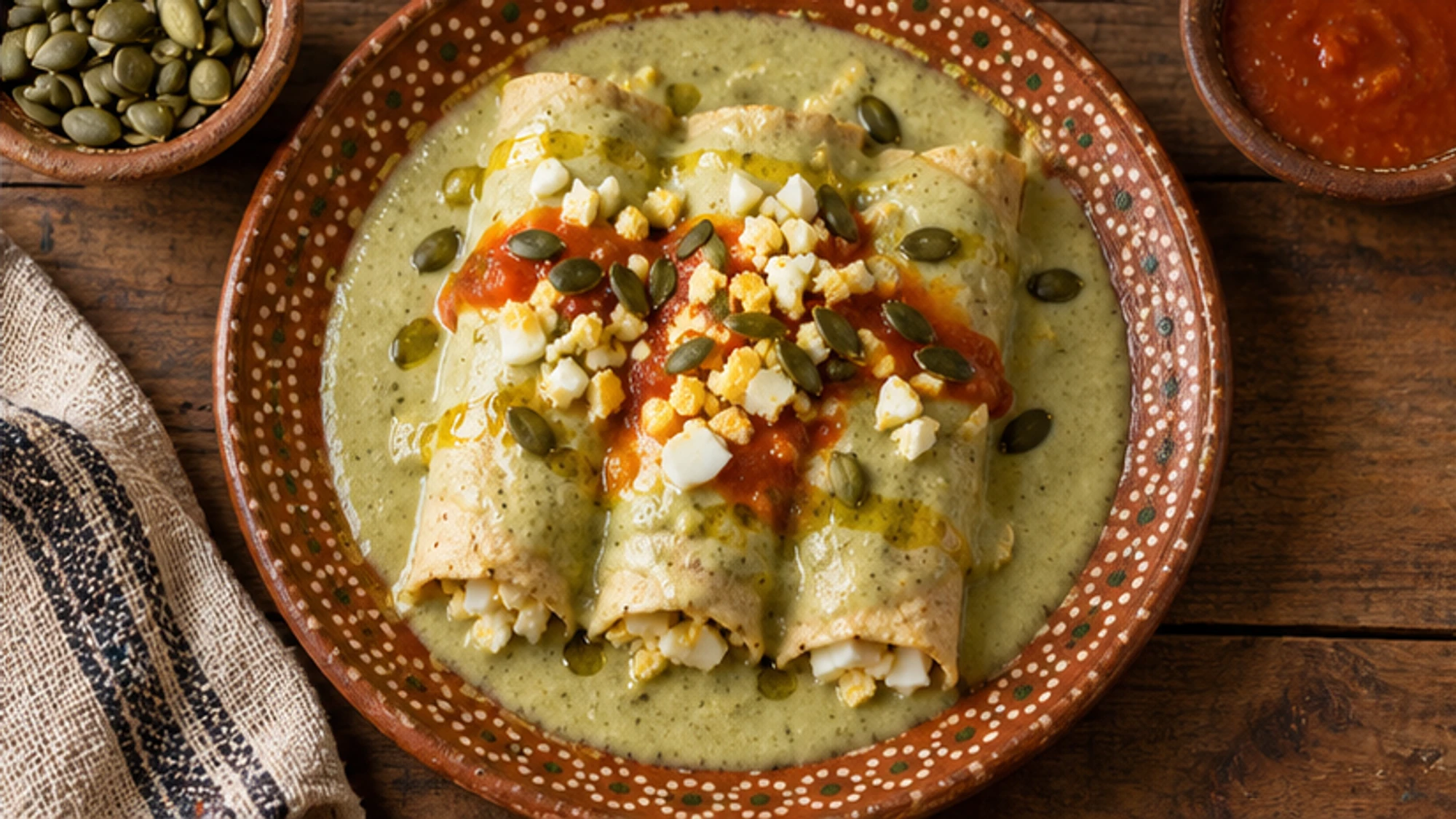 Finished papadzules with green pepita sauce, tomato sauce, egg, and pumpkin seeds.