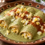 Papadzules with egg-filled tortillas covered in smooth green pumpkin seed sauce