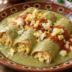 Papadzules with egg-filled tortillas covered in smooth green pumpkin seed sauce