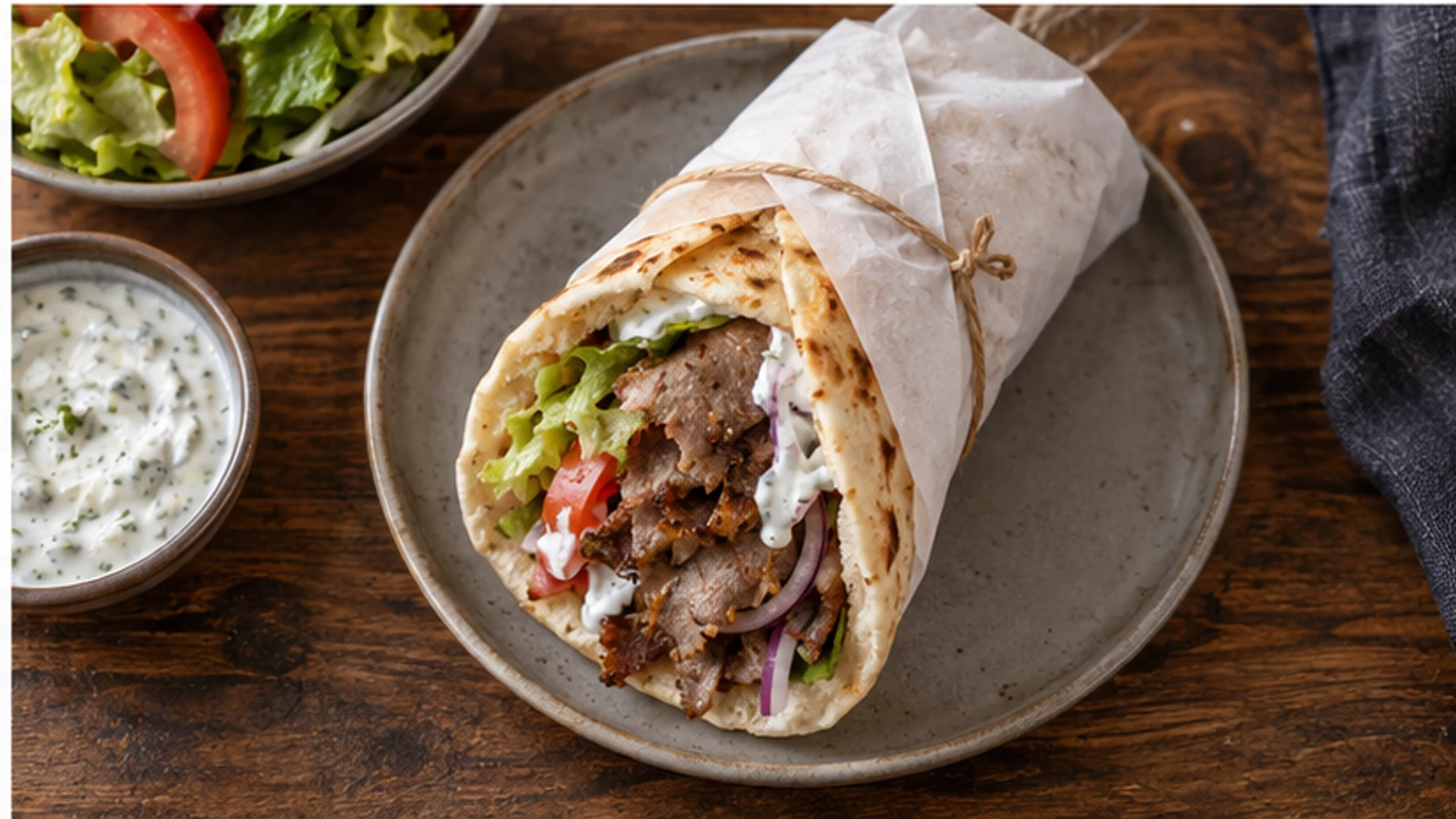 Warm pita with browned doner slices, lettuce, tomato, red onion, and yogurt sauce.