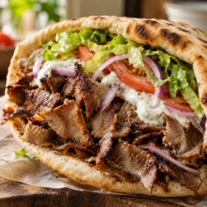 Square serving of parchment doner kebab with pita, tomato, lettuce, and yogurt sauce.