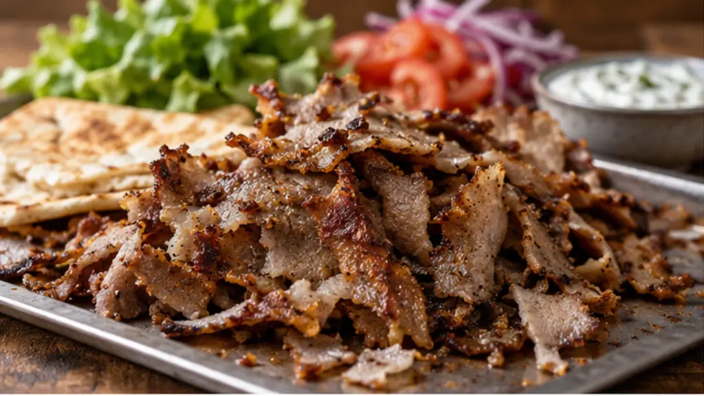 Parchment doner kebab sliced into browned, savory strips for pita.