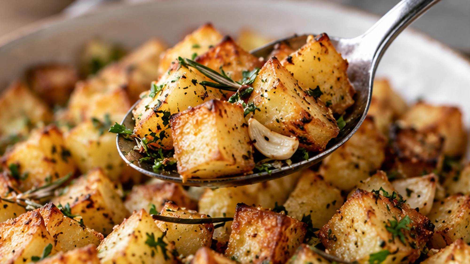 Rosemary and garlic tossed with golden Parmentier potatoes on a sheet pan.