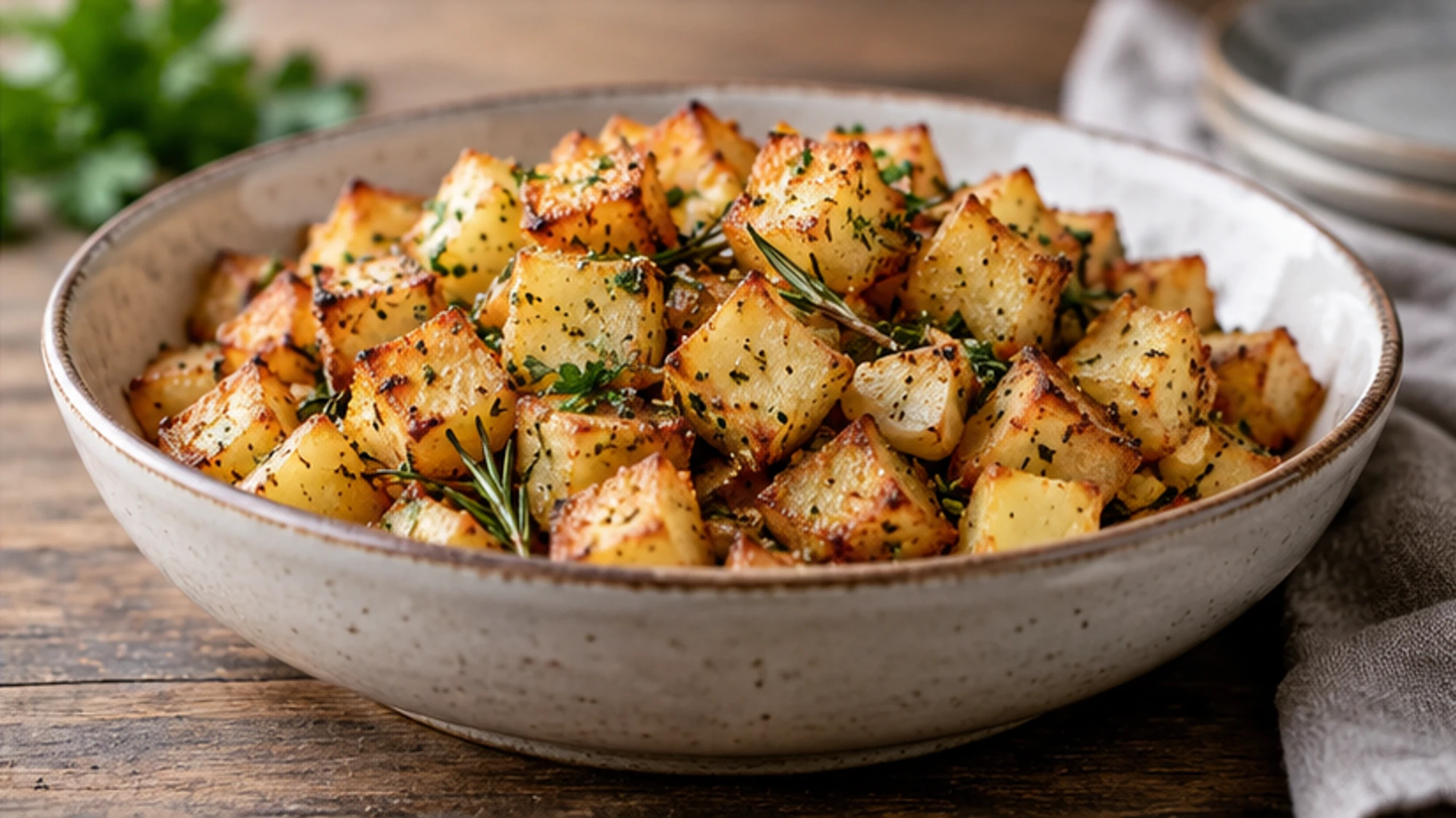 Finished Parmentier potatoes with browned edges, chopped parsley, and rosemary.