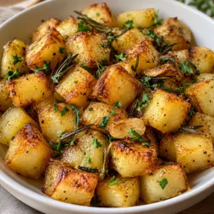 Square serving of golden Parmentier potatoes with rosemary and garlic.