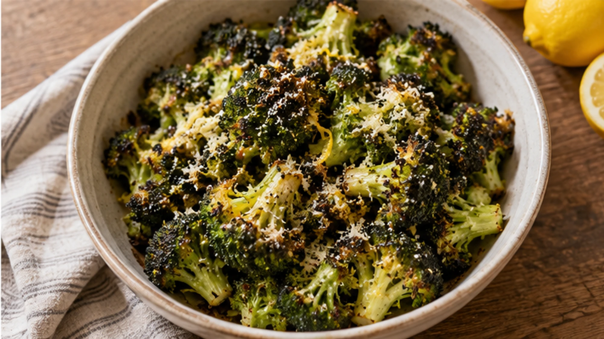Finished Parmesan roasted frozen broccoli with melted cheese and lemon zest.