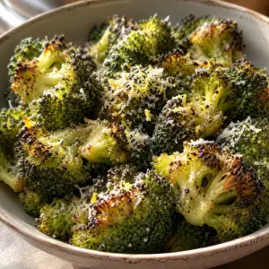 Square image of Parmesan roasted frozen broccoli with golden edges and lemon.