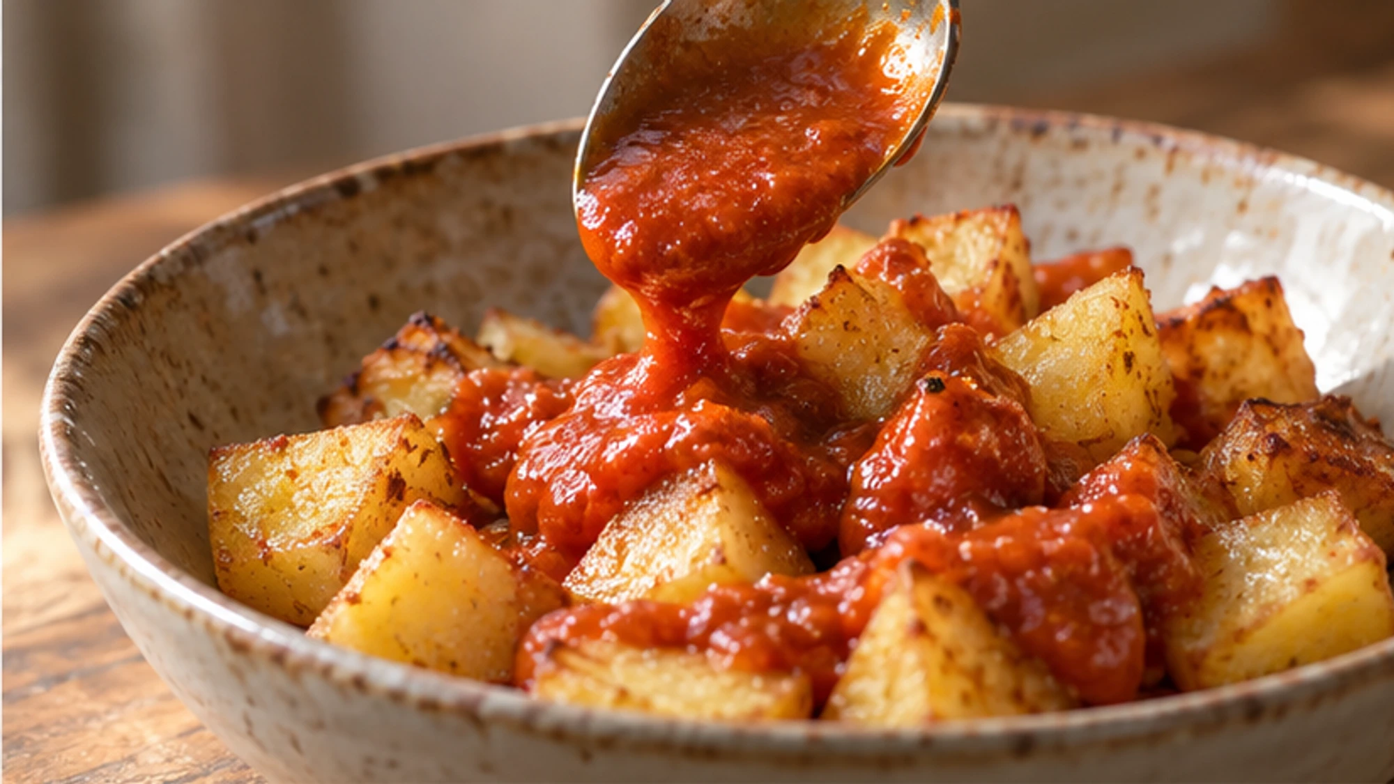 Potato cubes spread out on a sheet pan before roasting until crisp.