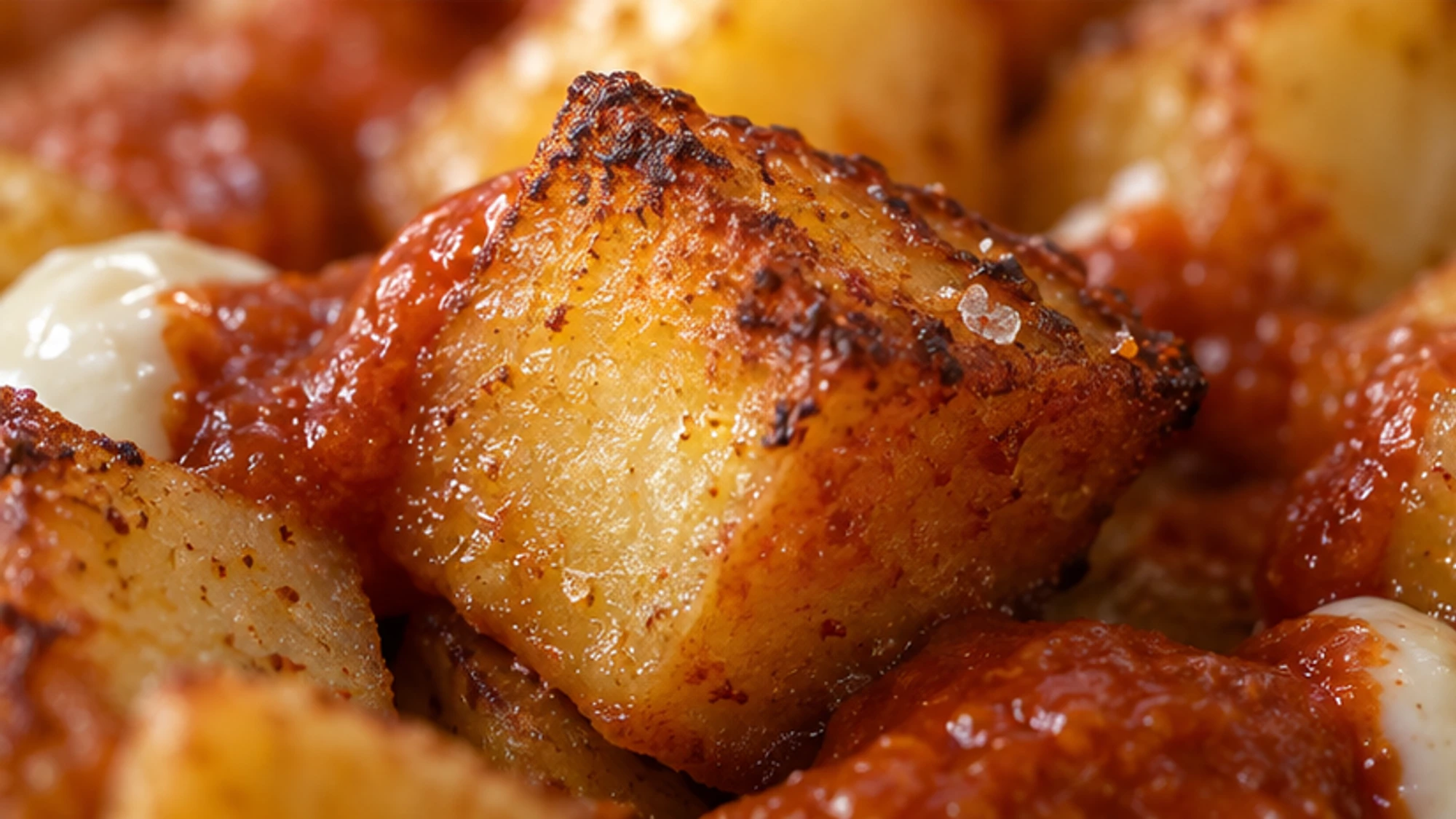 Smoky paprika tomato sauce simmering in a small pan for patatas bravas.