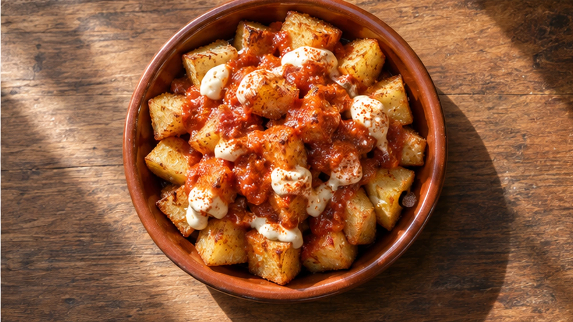 Golden patatas bravas topped with smoky tomato sauce and served with aioli.